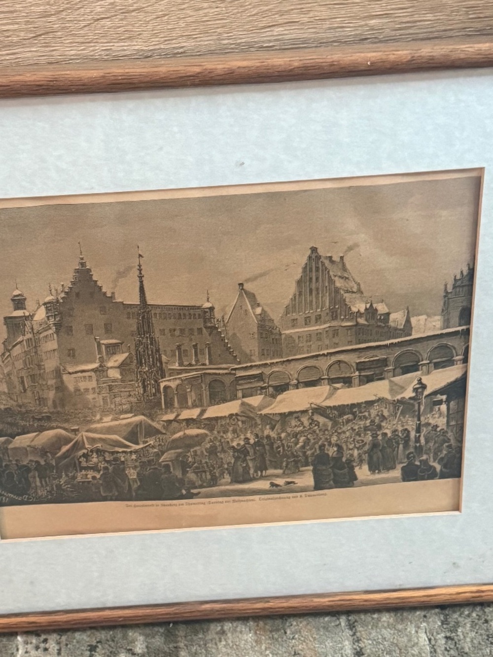 Antique 1870s Nuremberg Christmas Market Engraving - Trautmann Framed